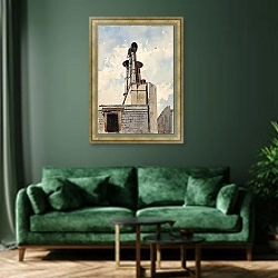 «Латинский квартал, Париж» в интерьере зеленой гостиной над диваном