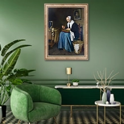 «Престарелая женщина за шитьем» в интерьере гостиной в зеленых тонах