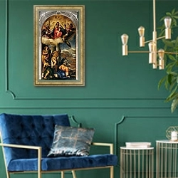 «Virgin and Child with angel musicians and Saints» в интерьере в классическом стиле с зеленой стеной