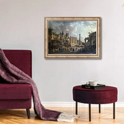 «Spectacle forain dans un carrefour imaginaire de Paris» в интерьере гостиной в бордовых тонах
