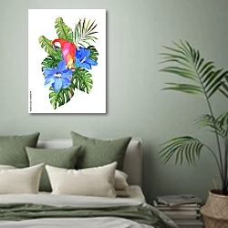 «Красный попугай в тропических листьях» в интерьере современной спальни в зеленых тонах