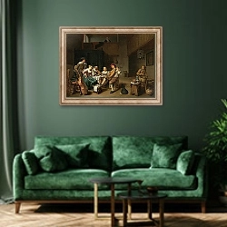 «Musical Company» в интерьере зеленой гостиной над диваном