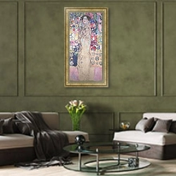 «Portrait of Maria Munk» в интерьере гостиной в оливковых тонах