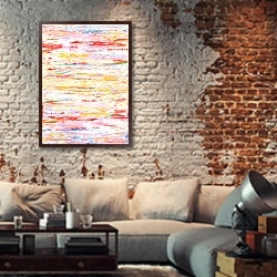 «Пёстрая разноцветная абстракция» в интерьере гостиной в стиле лофт с кирпичной стеной