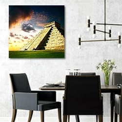 «Мексика, пирамиды Майя в Чичен Ица» в интерьере современной столовой с черными креслами