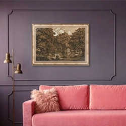 «Arcadian Landscape with Three Figures at a Lake» в интерьере гостиной с розовым диваном