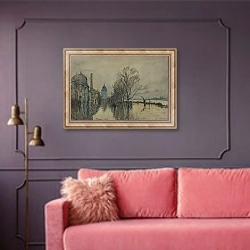 «Вид на Сену во время наводнения» в интерьере гостиной с розовым диваном