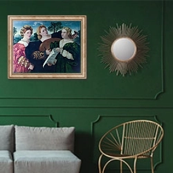 «концерт» в интерьере классической гостиной с зеленой стеной над диваном