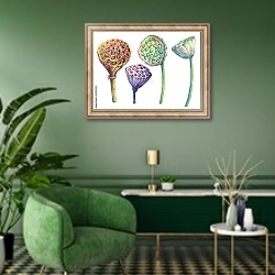 «Набор с головками сушеных семян лотоса» в интерьере гостиной в зеленых тонах