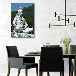 «Статуя Шивы в Ришикеш, Индия» в интерьере современной столовой с черными креслами