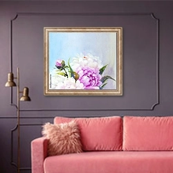 «Розовые и белые пионы, деталь» в интерьере гостиной с розовым диваном