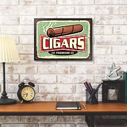 «Ретро плакат с сигарой» в интерьере кабинета в стиле лофт над столом