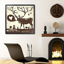 «Олень с этническим узором» в интерьере гостиной в этническом стиле над камином