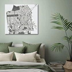 «Графическая симфония Сан-Франциско: карта городских ритмов» в интерьере современной спальни в зеленых тонах