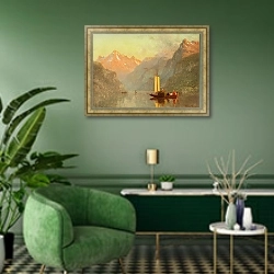 «Lake Lucerne, Switzerland» в интерьере гостиной в зеленых тонах