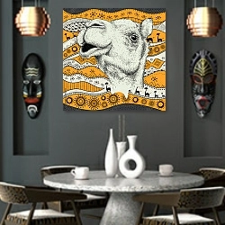 «Голова верблюда на этническом узоре» в интерьере в этническом стиле над столом