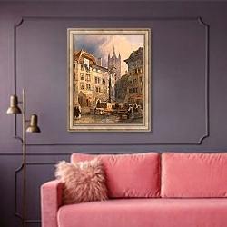 «Place de Palud in Lausanne» в интерьере гостиной с розовым диваном