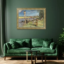 «Приятное место для купания» в интерьере зеленой гостиной над диваном