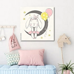 «Девочка-зайчик, сидящая на луне» в интерьере детской комнаты для девочки в пастельных тонах