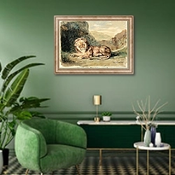 «Lying Lion In A Landscape» в интерьере гостиной в зеленых тонах