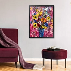 «Bright anemones and lavender on pink» в интерьере гостиной в бордовых тонах