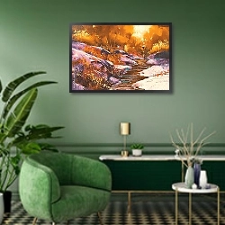 «Каменистый ручей в осеннем лесу» в интерьере гостиной в зеленых тонах
