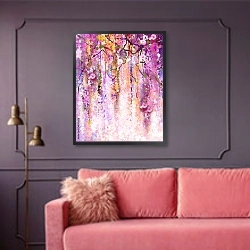 «Фиолетовые цветы Вистерия» в интерьере гостиной с розовым диваном
