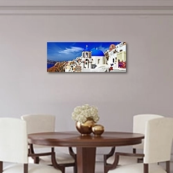 «Греция. Санторини. Панорама города Ия.» в интерьере современной столовой над столиком