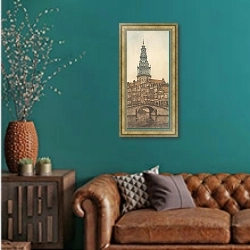 «Zuiderkerk in Amsterdam» в интерьере гостиной с зеленой стеной над диваном