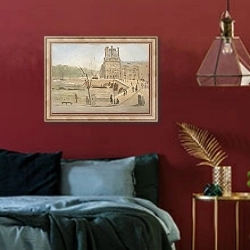 «Pont Royal in Paris. Sketch» в интерьере спальни с акцентной стеной