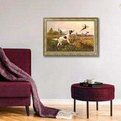 «Охота на фазана» в интерьере гостиной в бордовых тонах