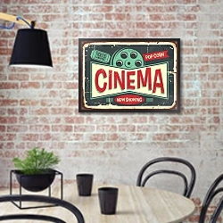 «Винтажный плакат для кино» в интерьере кухни в стиле лофт с кирпичной стеной