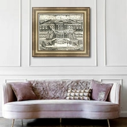 «Вид большого дворца в Петергофе» в интерьере гостиной в классическом стиле над диваном