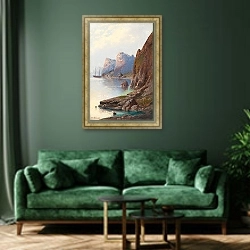 «Fjordlanschaft» в интерьере зеленой гостиной над диваном