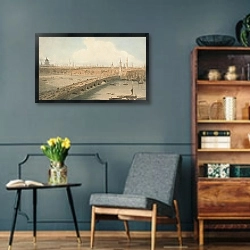 «View of London Bridge and St. Paul’s Cathedral» в интерьере гостиной в стиле ретро в серых тонах