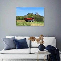 «Красный грузовик на сельской дороге» в интерьере современной гостиной в синих тонах