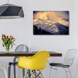 «Зимние горы Колорадо» в интерьере столовой в скандинавском стиле с яркими деталями