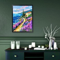 «Ocean's kiss on flowered fields» в интерьере прихожей в зеленых тонах над комодом