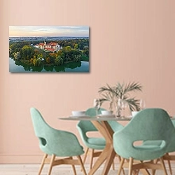 «Беларусь. Несвижский замок с птичьего полета №2» в интерьере современной столовой в пастельных тонах