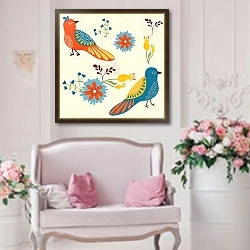 «Винтажная открытка с птицами, розами и бабочкой» в интерьере гостиной в стиле прованс над диваном