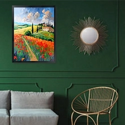 «Cloudy dreams in the heart of Tuscany» в интерьере классической гостиной с зеленой стеной над диваном