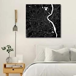 «План города Бордо, Франция, в черном цвете» в интерьере белой спальни в скандинавском стиле