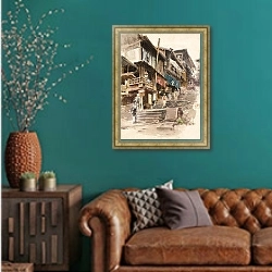 «A Street In Ikao, Japan II» в интерьере гостиной с зеленой стеной над диваном