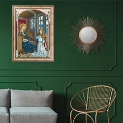 «Благовещение 18» в интерьере классической гостиной с зеленой стеной над диваном