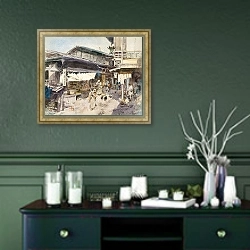 «Street Scene in Ikao, Japan» в интерьере прихожей в зеленых тонах над комодом