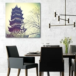 «Высокая пагода, Шанхай» в интерьере современной столовой с черными креслами