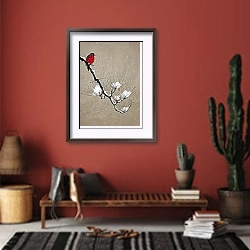 «Снегирь на ветке сосны» в интерьере прихожей в этническом стиле с красной стеной