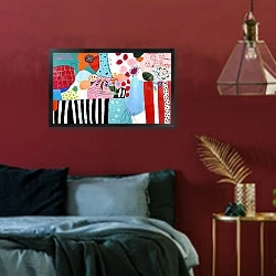 «Яркая абстрактная картина с формами и символами» в интерьере спальни с акцентной стеной