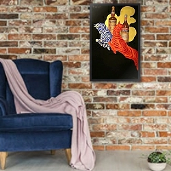 «Poster Per Florio Cinzano» в интерьере в стиле лофт с кирпичной стеной и синим креслом