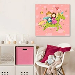 «Prince and princess are flying on a unicorn. Cute cartoon kids and fairy pony.» в интерьере детской комнаты для девочки с розовыми деталями